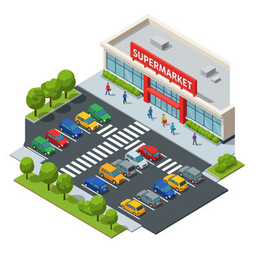 Isometric Supermarket Building with Parking Lot.