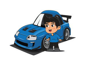 cute chibi car with its owner in Japanese chibi style