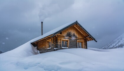 Isolated wooden cabin buried in deep snow under an overcast sky, smokeless chimney and calm winter silence, creating a remote and peaceful winter wilderness scene.