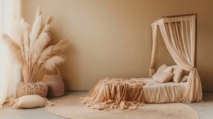 Bohemian bedroom decor with pampas grass and neutral tones
