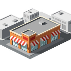 Isometric View of Commercial Building with Awnings.
