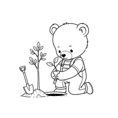 Cute Bear Cub Planting a Tree Seedling with a Shovel. © Faiz
