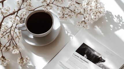 Coffee blossoms and a book a serene still life image