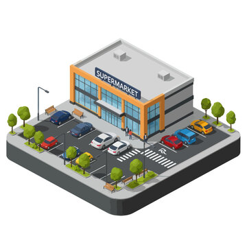 Isometric Supermarket Building with Parking Lot.