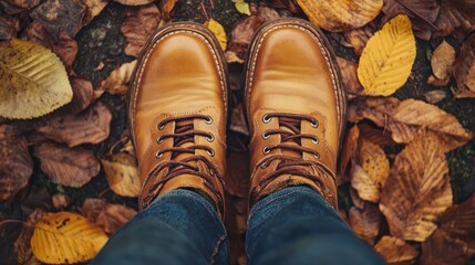 Brown leather boots on autumn leaves overhead view