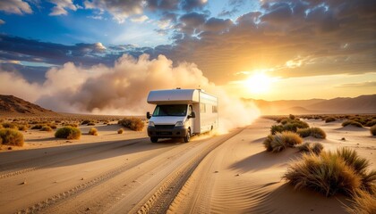 RV Kicks Up Dust on Desert Road at Sunset.