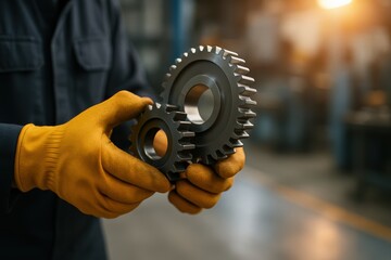 Precision Gear Assembly: A skilled artisan, adorned in protective gloves, meticulously handles a set of intricate gears, showcasing technical precision and the essence of craftsmanship.