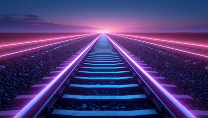 Futuristic Train Tracks with Neon Lights at Sunset.