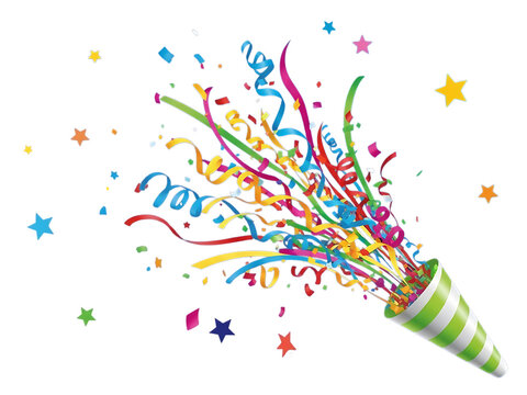 Vibrant explosion of colorful confetti and streamers bursting from a party popper
