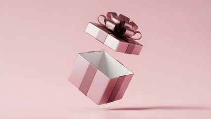 AI-generated floating pink gift box with ribbon bow on soft pastel background, minimalist surprise and celebration concept, unbranded 3D illustration