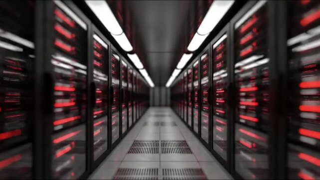 A long corridor of server racks with red and white lights stretches into the distance in a data center.