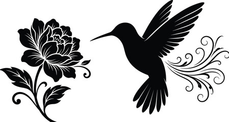 Obraz premium Elegant black hummingbird and floral silhouette illustration with decorative swirls, minimalist nature art design for tattoos, logos, and wall decor
