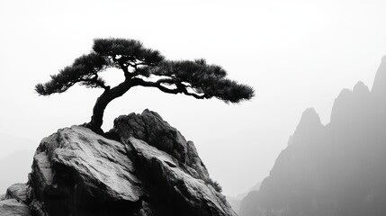 Solitary tree on rocky mountaintop misty landscape monochrome
