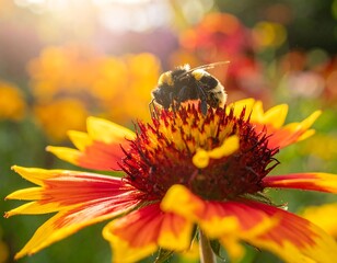 A fluffy, bumblebee rests atop a vibrant, red and yellow flower, bathed in warm sunlight, with blurred colorful garden background