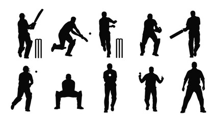 Silhouette series depicting various stages of a cricket match in action