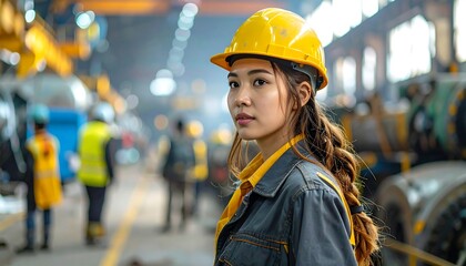 A focused female worker in a yellow hard hat and work clothes stares directly at the viewer, posing inside a manufacturing facility