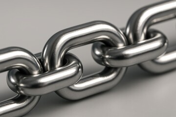 Fototapeta premium Interlinked chain: A close-up showcases a gleaming, robust metallic chain, its individual links intertwined. Representing solidity and interconnectivity.