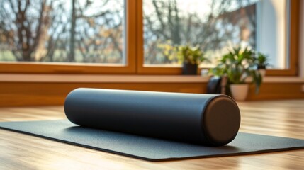 Foam roller and mat on wooden floor by window fitness and wellness