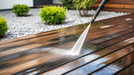 Close-up view of wooden deck being cleaned with a high-pressure washer, water spraying and creating droplets