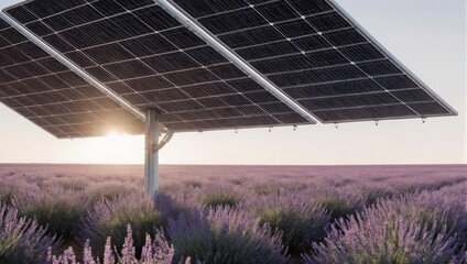 Solar Panels in Lavender Field at Sunset - Sustainable Energy Landscape.