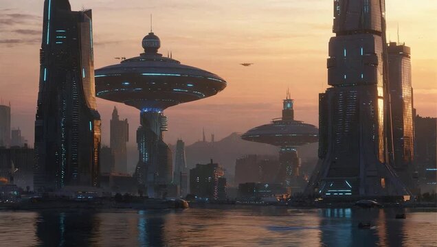 Futuristic cityscape with flying vehicles