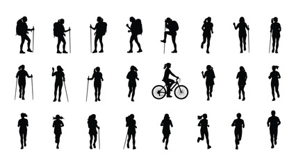 Silhouettes of people hiking biking and engaging in various outdoor activities