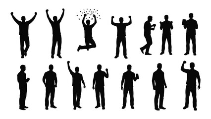 Silhouettes of people in various dynamic poses celebrating and expressing joy