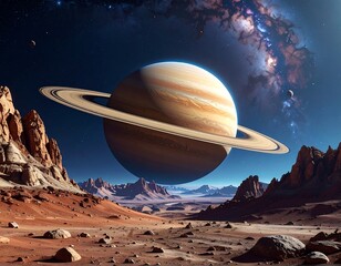 Vast alien landscape with a ringed planet and a luminous nebula