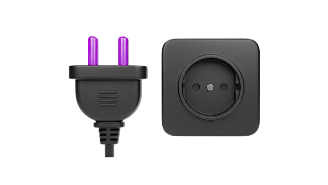 Black electrical plug and socket with purple pins - Powered by Adobe