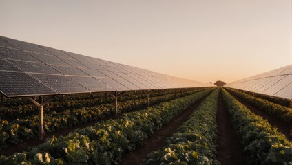Solar panels over crops in a field at sunset.