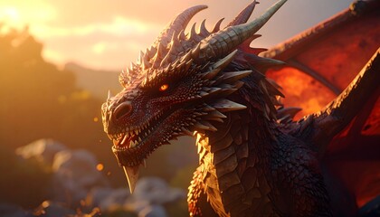 Close-up of a fearsome dragon with fiery red scales and glowing eyes, bathed in the warm light of a sunset