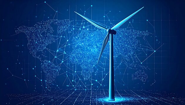 Modern wind turbine against a digital world map background - Powered by Adobe