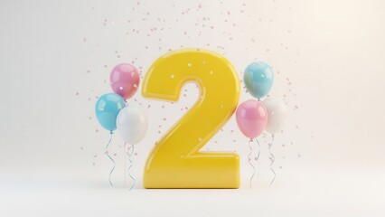 Yellow 3D Render Number 2 with Colorful Balloons and Falling Confetti on White Background