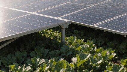 Solar panels over lush green crops in agricultural field.