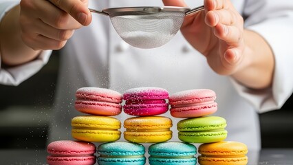 A chef in a white coat sprinkles powdered sugar on a colorful tower of macarons in various pink, yellow, blue, green, and orange hues, dessert background with baking