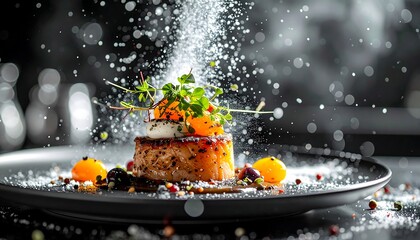 Close-up of gourmet dish on a black plate, being sprinkled with a white powder. A golden yolk is visible on top