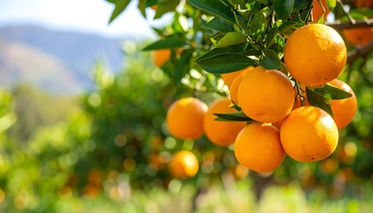 Close-up of ripe, vibrant citrus fruit hanging from a branch, with foliage and distant mountains in soft focus. Sunlight bathes the scene