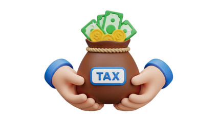 Hands holding a bag labeled 'TAX' filled with money and coins