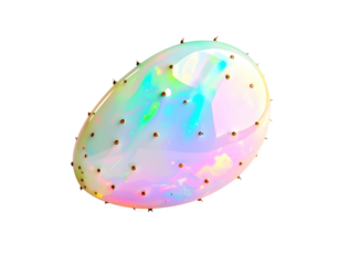 Iridescent egg-shaped form with small golden spheres, dark backdrop