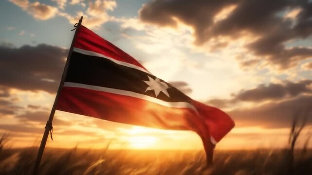 Waving flag amidst golden wheat field against dramatic sunset sky evokes patriotic fervor and