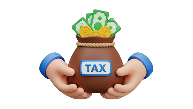 Hands holding a bag labeled 'TAX' filled with money and coins - Powered by Adobe