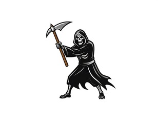 Grim reaper figure in hooded cloak, holding up a scythe axe, on a white background