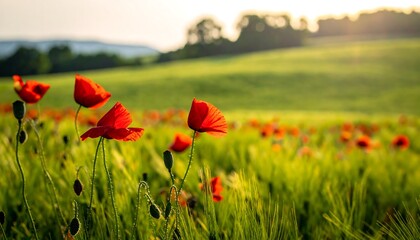Vivid red poppies bloom amidst a field of tall green grass, bathed in the soft glow of the setting sun over distant hills