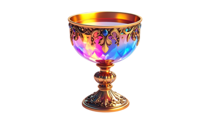Ornate gold chalice with jewel-toned crystal. Contents shimmer