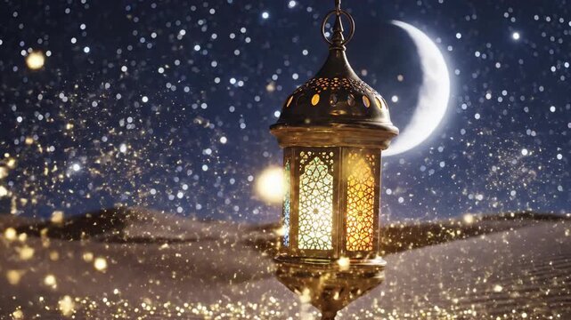 An intricately designed, glowing golden lantern illuminates a mystical desert night, casting a warm, inviting light. A prominent crescent moon and countless sparkling stars adorn the deep blue sky, wh