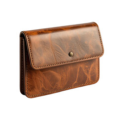 A brown leather wallet with subtle stitching and a small snap button closure.