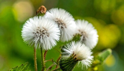 Close-up of delicate white seed heads against a blurred green background, showcasing the fluffy structures