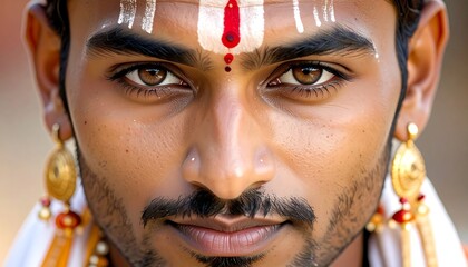 Close-up of a person with dark hair, a small nose piercing, gold earrings, and a mark on the forehead, gazing directly