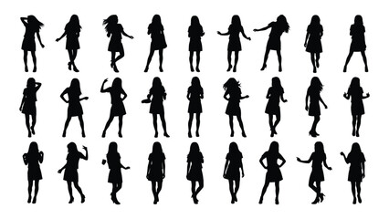 Collection of diverse female silhouettes in various poses and dress styles
