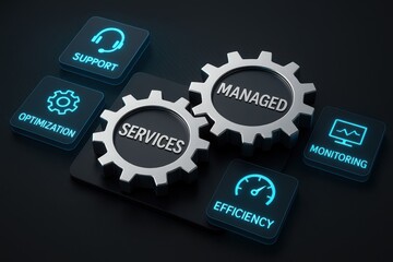 Managed Services: A close-up shot of interlocking gears, embodying managed services with intricate graphic icons, symbolizing efficiency, monitoring, and optimization. 